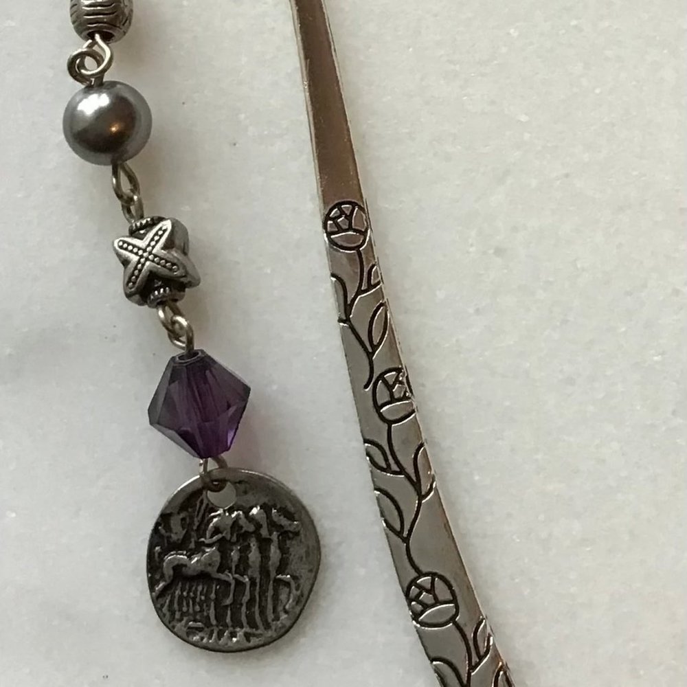 Tibetan Metal Bookmark Flower Engraved - Silver -‎ Purple Beads